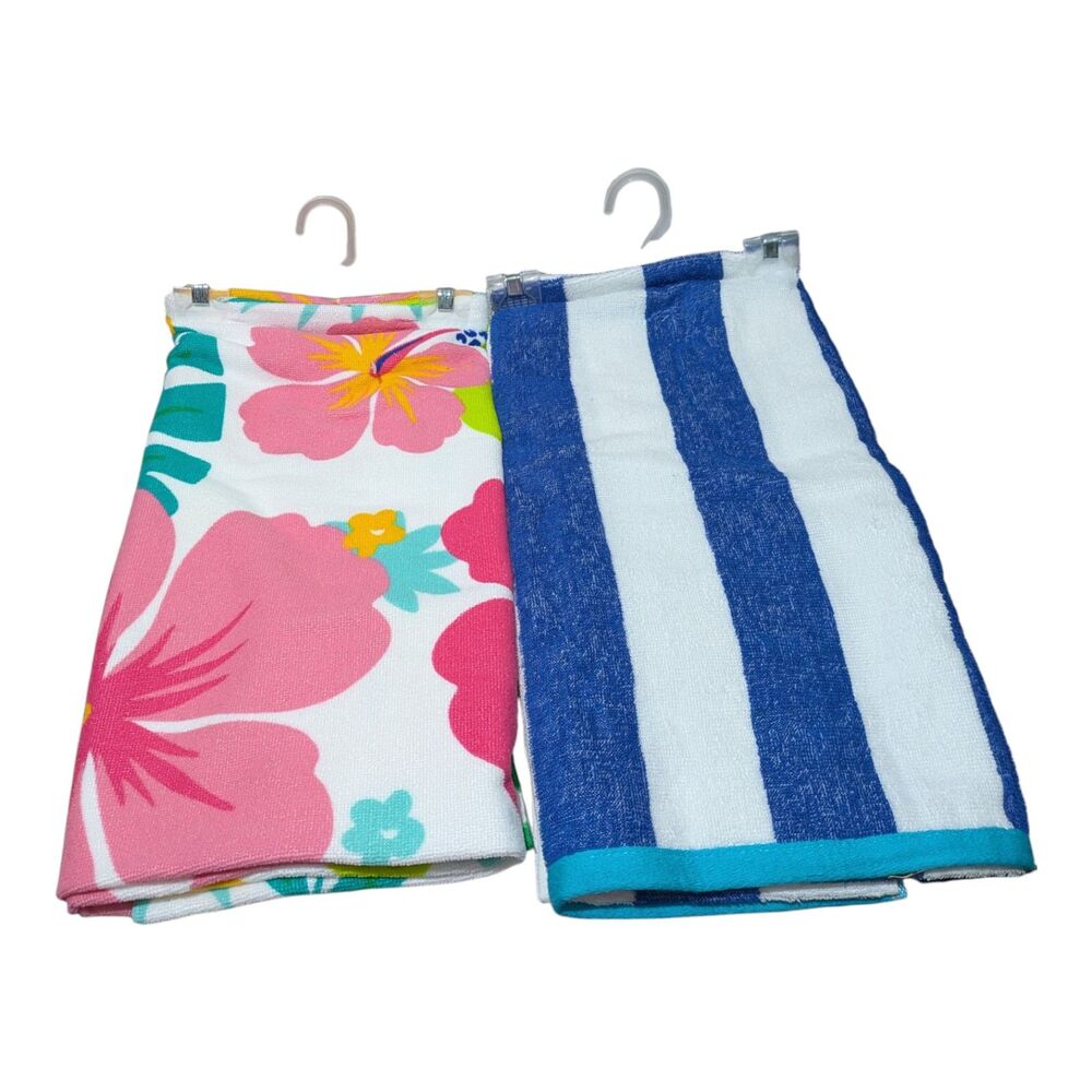Beach Towel Bundle – Tropical Floral & Blue Stripe Towels Set of 2